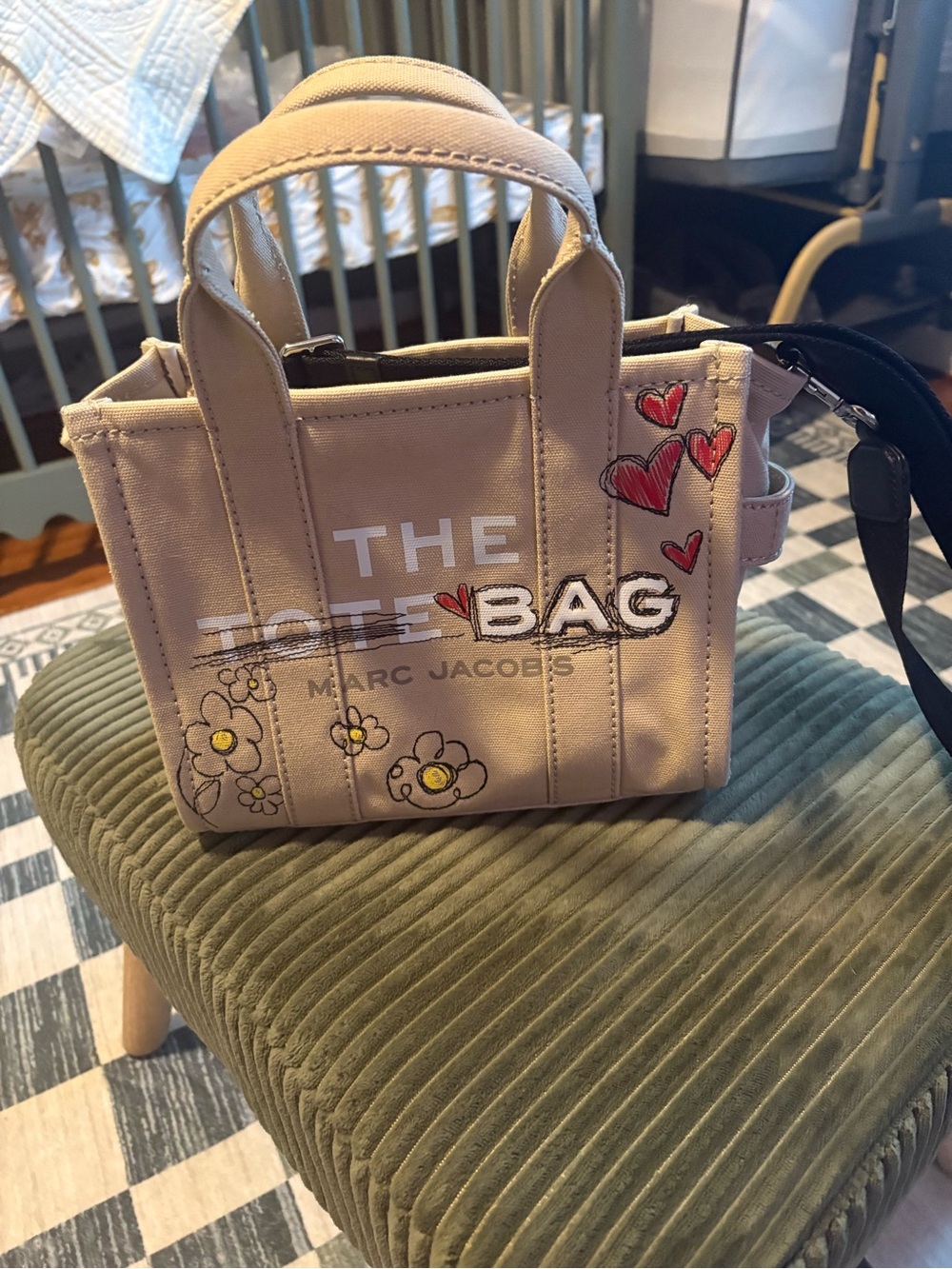 Marc Jacobs Beige Canvas 'The Tote Bag' Mini with Heart & Daisy Details